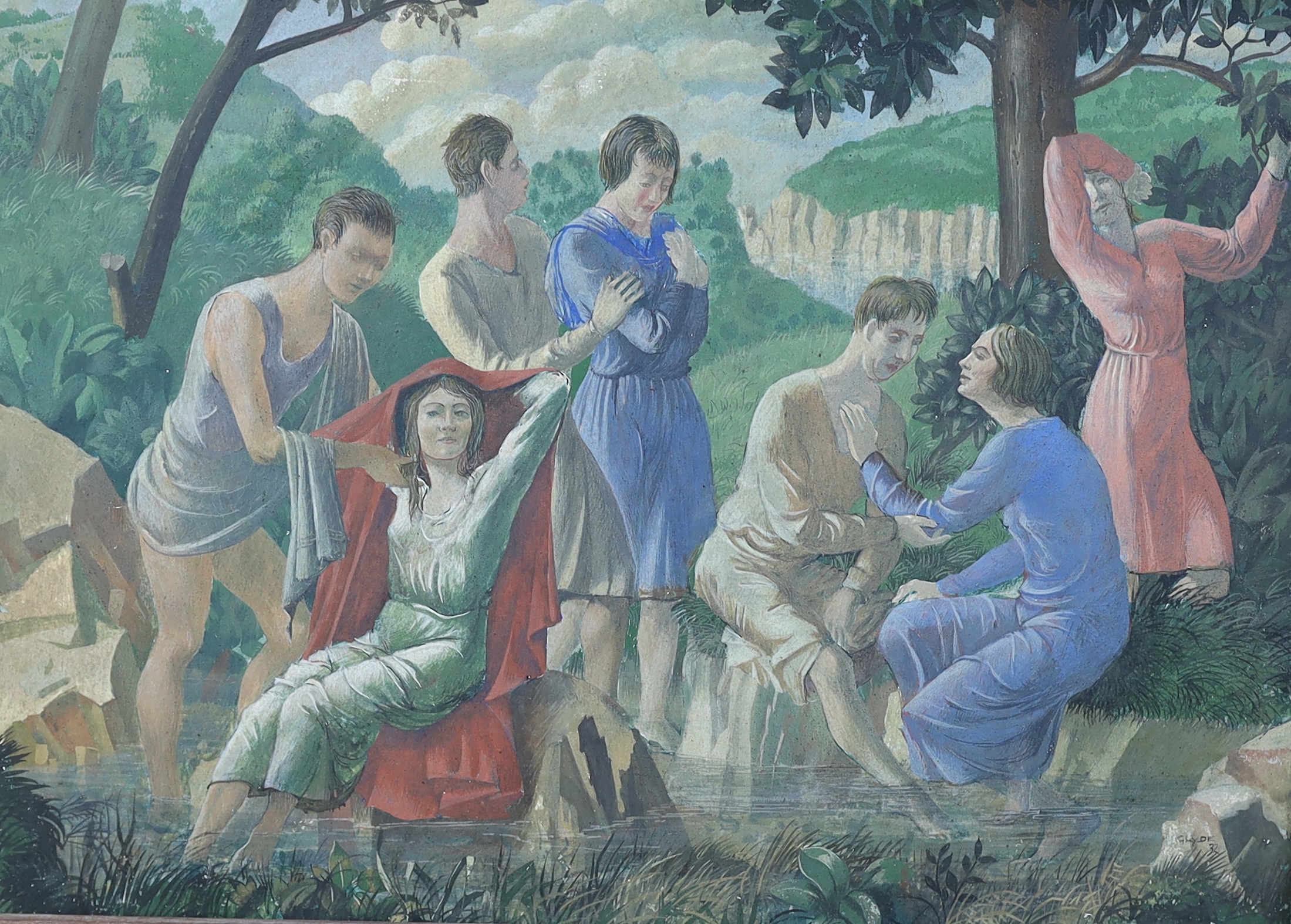 Henry George Glyde (Canadian, 1906-1998), 'By the Brook', tempera on wooden panel, 27 x 37cm